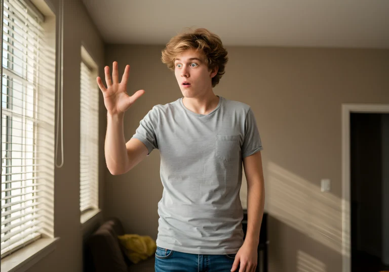 A curious young man touching the empty space in the air with his hand.